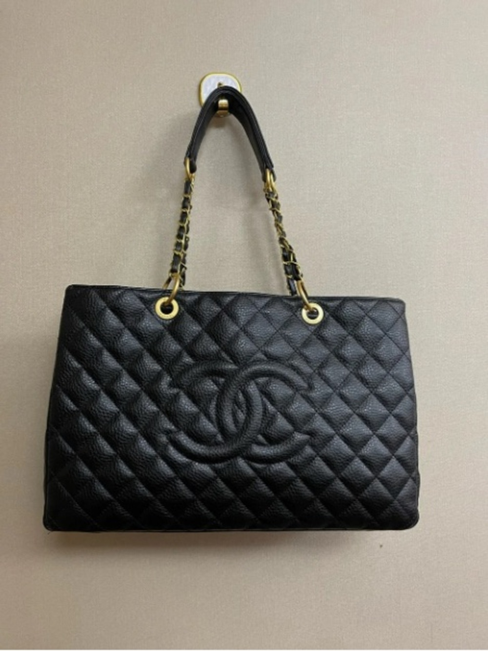 CHANEL Black Quilted Leather Tote with Gold Chain Straps
